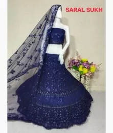 Net lehenga in blue color with unique flower based embroidery
