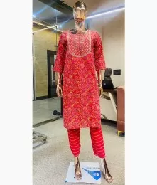 Amazing Stitched Cotton Red Kurti With Pant Collection
