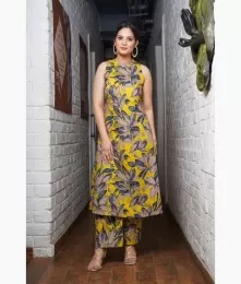 Beautiful Stitched Cotton Yellow Embroidery Kurti With Palazzo Collection