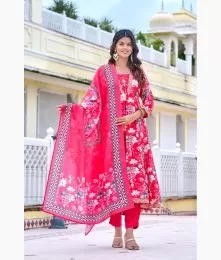 Amazing Stitched Cotton Embroidery Red Anarkali Suit Set