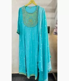 Beautiful Stitched Rayon Embroidery Blue Suit Set 