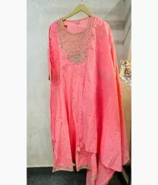 Charming Stitched Rayon Embroidery Pink Suit Set 
