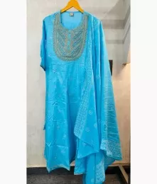Elegant Stitched Rayon Embroidery Blue Suit Set 
