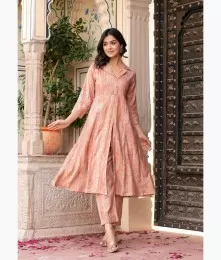 Attractive Stitched Foil Off-White Long Co-Ord Set