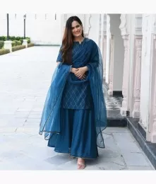 Fabulous Stitched Cotton Blue Sharara Suit Set