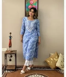 Charming Stitched Embroidery Blue Proshin Print Kurti With Pant Collection