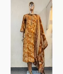 Charming Stitched Cotton Brown Straight Suit Set