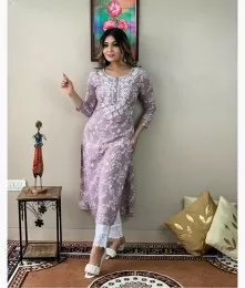 Charming Stitched Embroidery Purple Proshin Print Kurti With Pant Collection