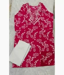 Charming Stitched Embroidery Pink Proshin Print Kurti With Pant Collection