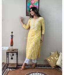 Charming Stitched Embroidery Yellow Proshin Print Kurti With Pant Collection