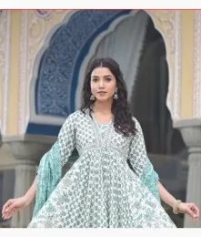 Beautiful Stitched Cotton Off-White Anarkali Suit Set