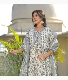 Glorious Stitched Cotton Off-White Anarkali Suit Set