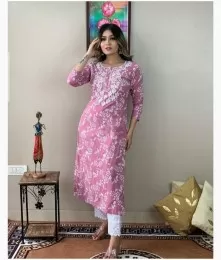 Charming Stitched Embroidery Purple Proshin Print Kurti With Pant Collection