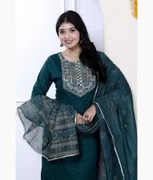 Amazing Designer Cotton Green Straight Suit Set