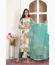 Designer Cotton Off-White Straight Suit Set