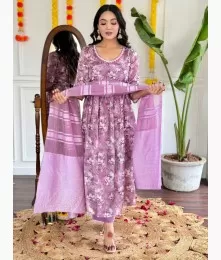 Beautiful Designer Floral Printed Embroidery Purple Stitched Suit Set