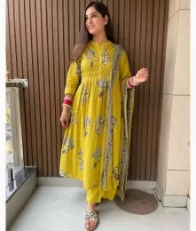 Lovely Stitched Floral Print A-Line Yellow Suit Set