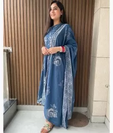 Lovely Stitched Floral Print A-Line Blue Suit Set