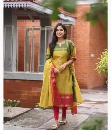 Attractive Stitched Cotton Chanderi Yellow Suit Set