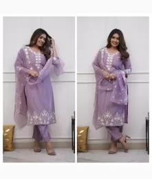 Attractive Stitched Cotton Embroidery Purple Suit Set