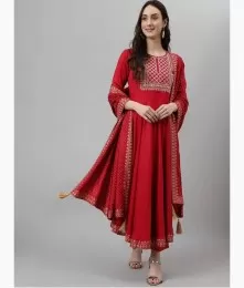 Amazing Stitched Embroidery Red Anarkali Suit Set