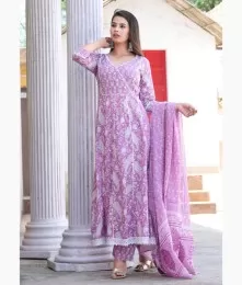 Charming Stitched Cotton Embroidery Purple Suit Set