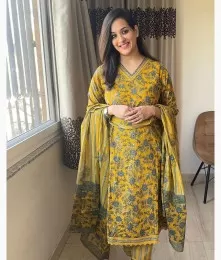 Charming Stitched Cotton Embroidery Yellow Suit Set